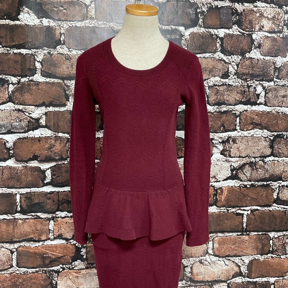 Sandro Paris Dress Peplum Knit Burgundy Red Chevron Long Sleeves Size 2 4 - Picture 15 of 15